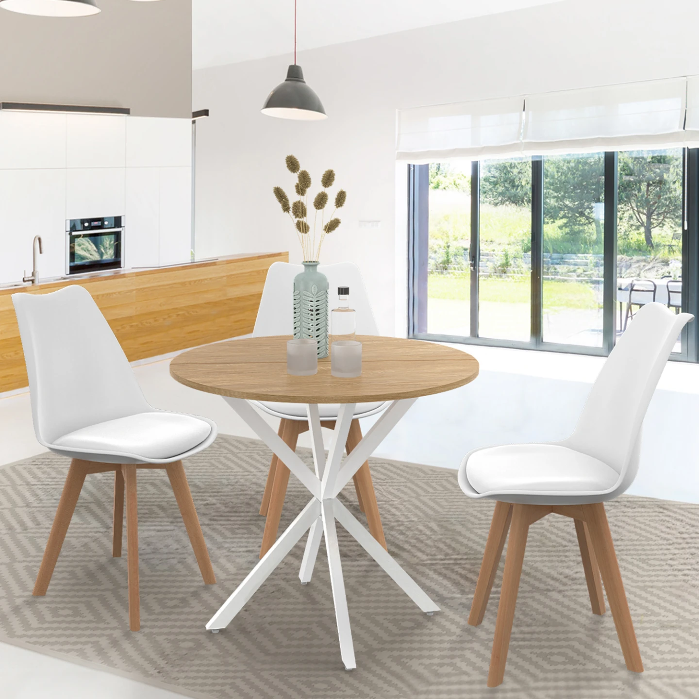 Table à manger ronde ALIX 4 personnes pied araignée bois et blanc 80 cm