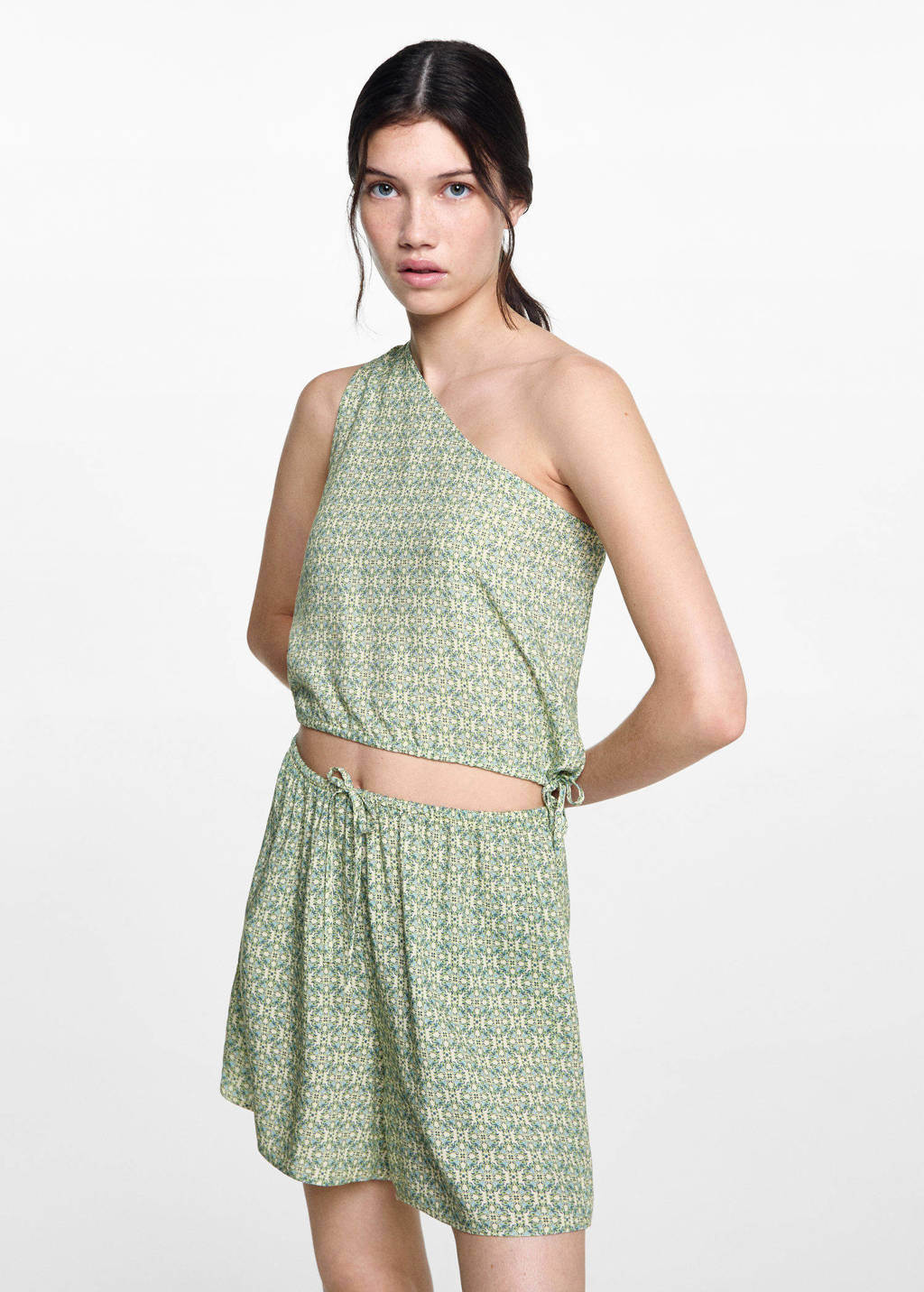 MANGO TEEN one shoulderT-shirt met all over print lichtgroen/geel