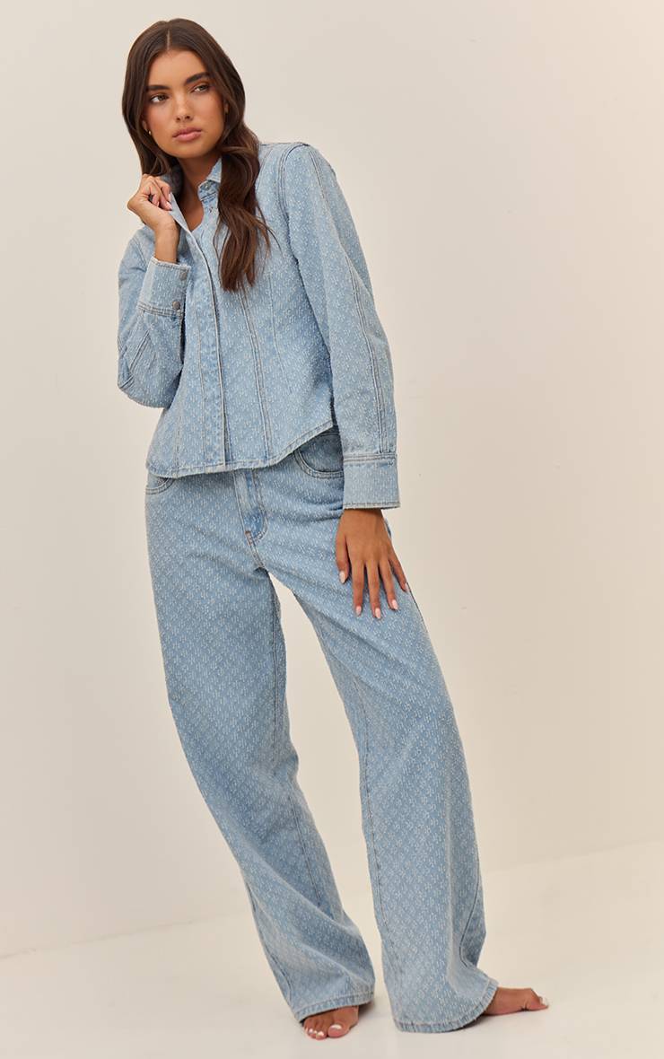 Bleu Clair Chemise En Denim Bouclé À Manches Ballon Et Taille Cintrée