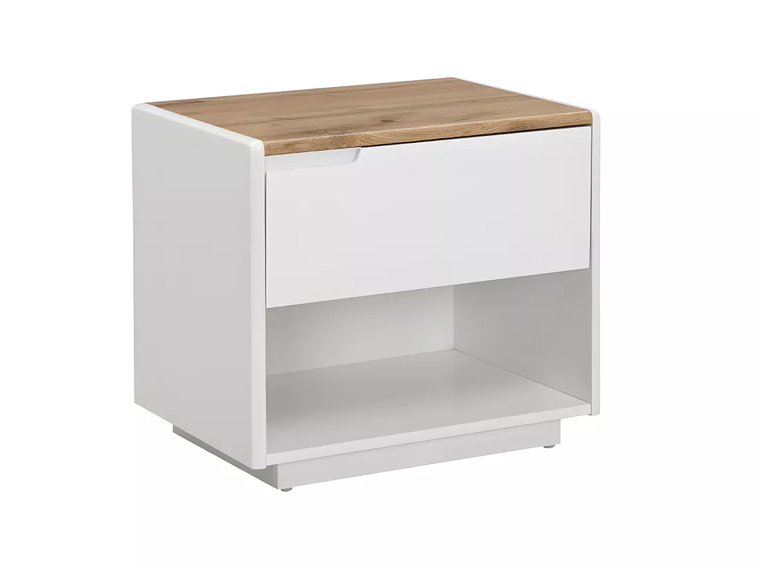 Table de chevet - 1 tiroir et 1 niche - MDF - Blanc laqué et Chêne - AMANI