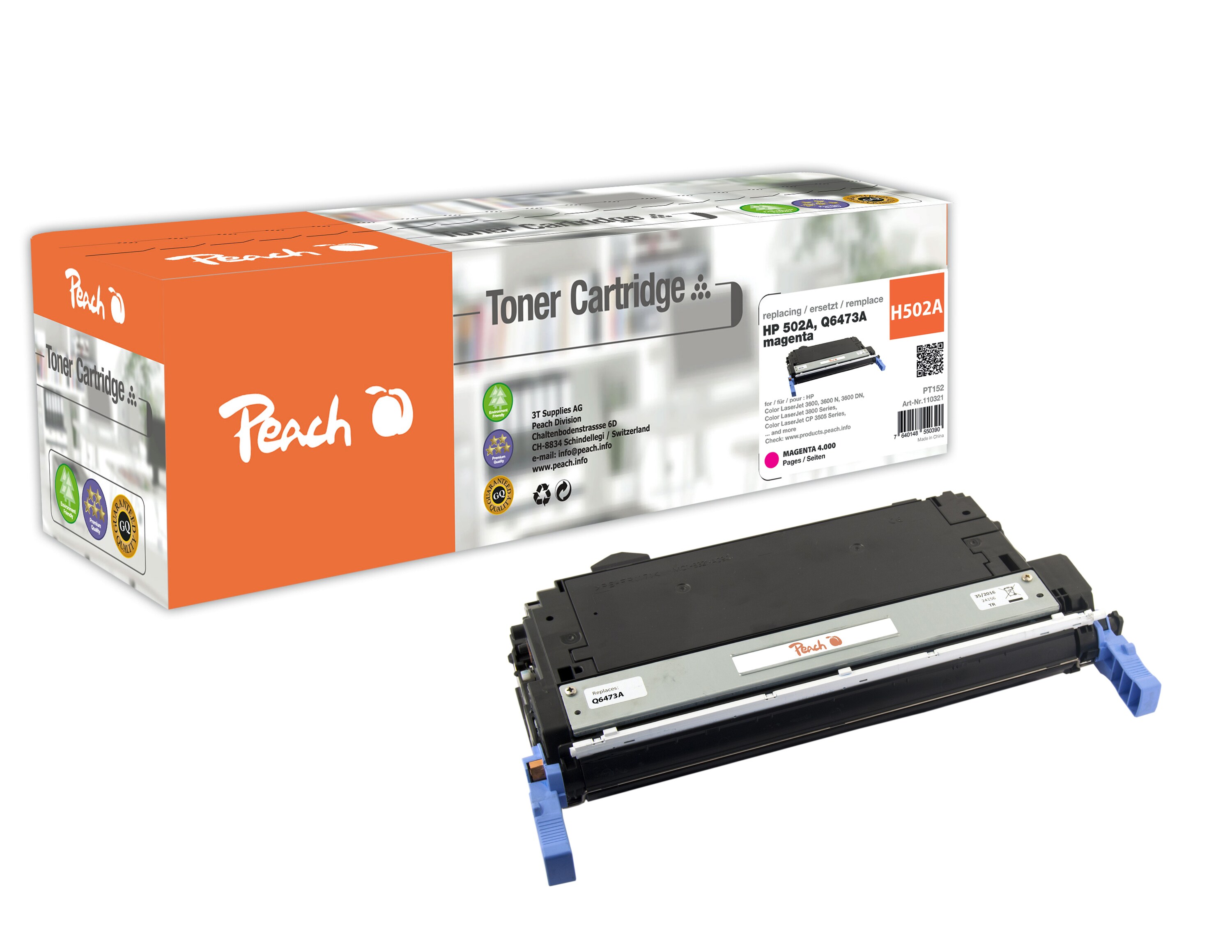 Peach HP 502 AM Toner ma ersetzt HP No. 502A M, Q6473A für z.B. HP Color LaserJet 3600, HP Color LaserJet 3600 DN, HP Color LaserJet 3600 N (wiederaufbereitet)