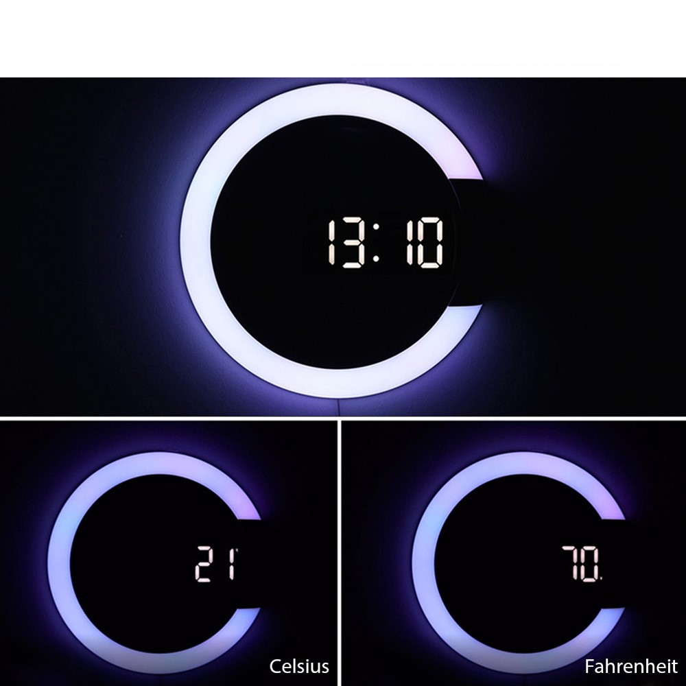 (Ø30.5cm) Digitale LED Wanduhr Spiegel Wecker mit RGB Ring Nachtlicht - Weiss
