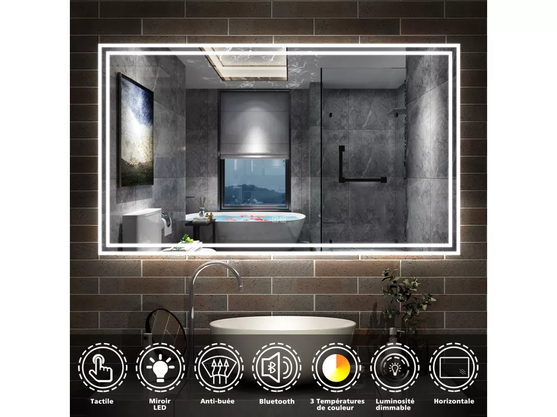 Miroir de salle de bain LED avec Bluetooth 140x80cm, antibuée + 3 couleurs + Dimmable Aica