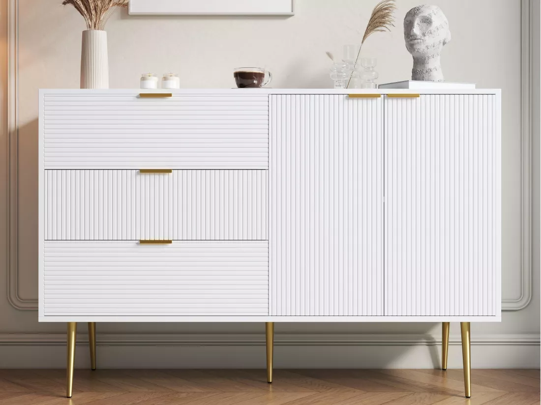 Buffet moderne - 2 portes et 3 tiroirs - Blanc