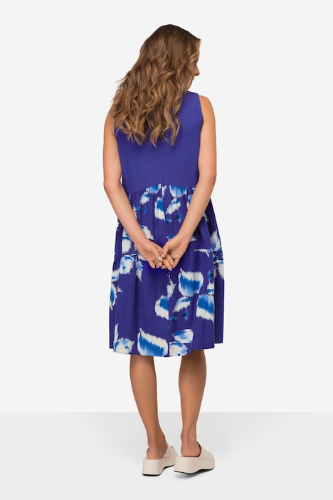 Leinenmix-Kleid, V-Ausschnitt, Rock mit Print, ärmellos
