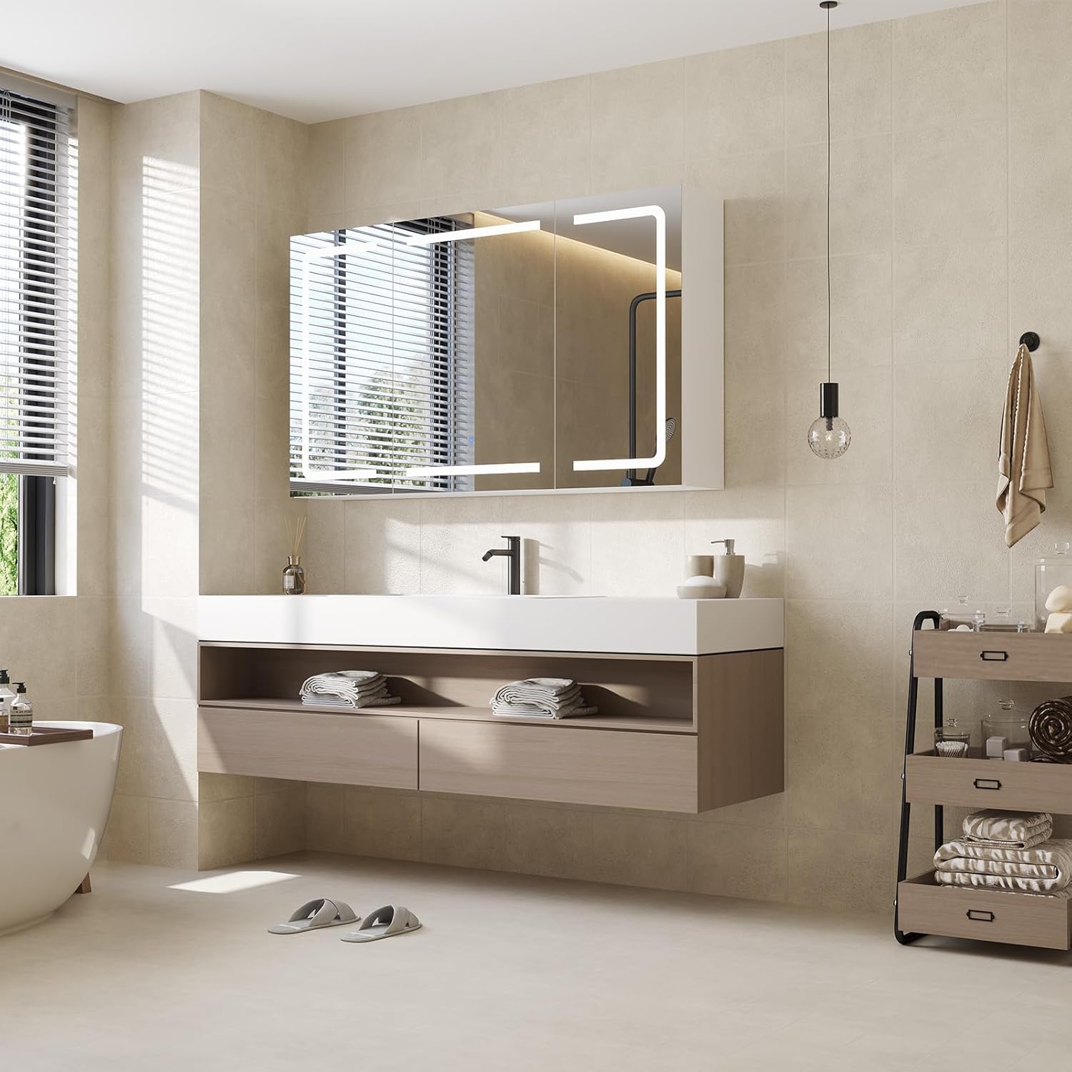 DICTAC Spiegelschrank Bad mit Beleuchtung und Steckdose Badezimmerschrank mit Spiegel und Verstellbares Regal,Badezimmer Spiegelschrank mit 3 Türen,Wandschrank,Hängeschrank,Badspiegel,100x60x16cm,Weiß