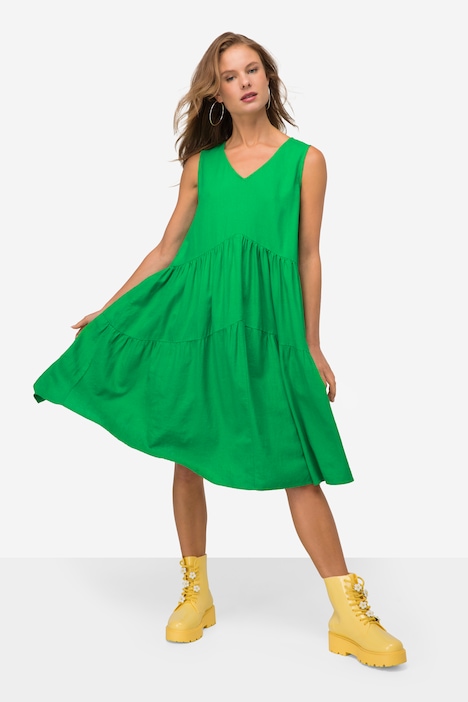 Leinenmix-Kleid, uni, V-Ausschnitt, ärmellos