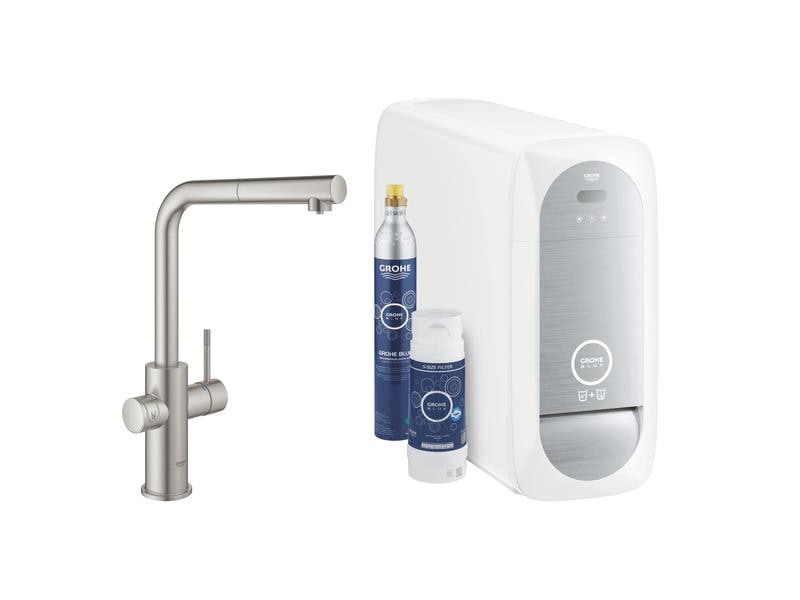 GROHE Küchenarmatur Blue Home L-Auslauf Starter Kit Spültischbatterie Supersteel
