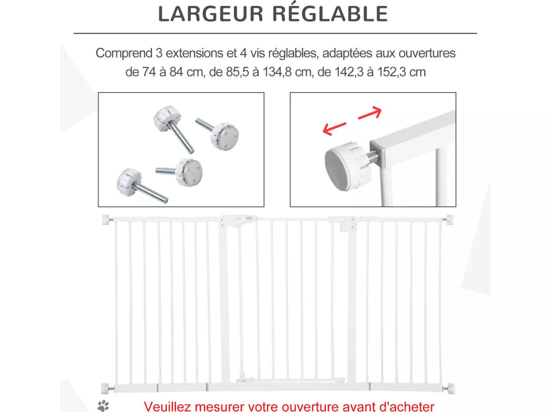 Barrière de sécurité pliable pour chien - 3 panneaux, porte verrouillable - dim. 206L x 120H cm - acier PP blanc
