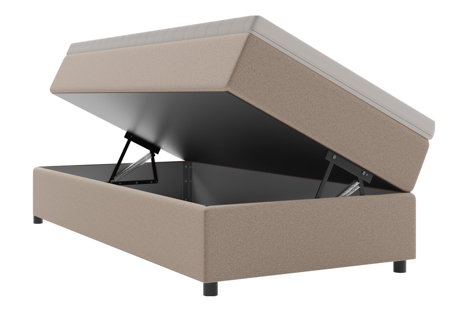 Premium 10 oppbevaringsseng 120x200 cm Magasinseng med oppbevaring, åpnes fra siden. I tekstil storm 06 mørk beige, med fast fasthetsgrad og premium 10 overmadrass,sorte ben. Sengegavl selges separat.