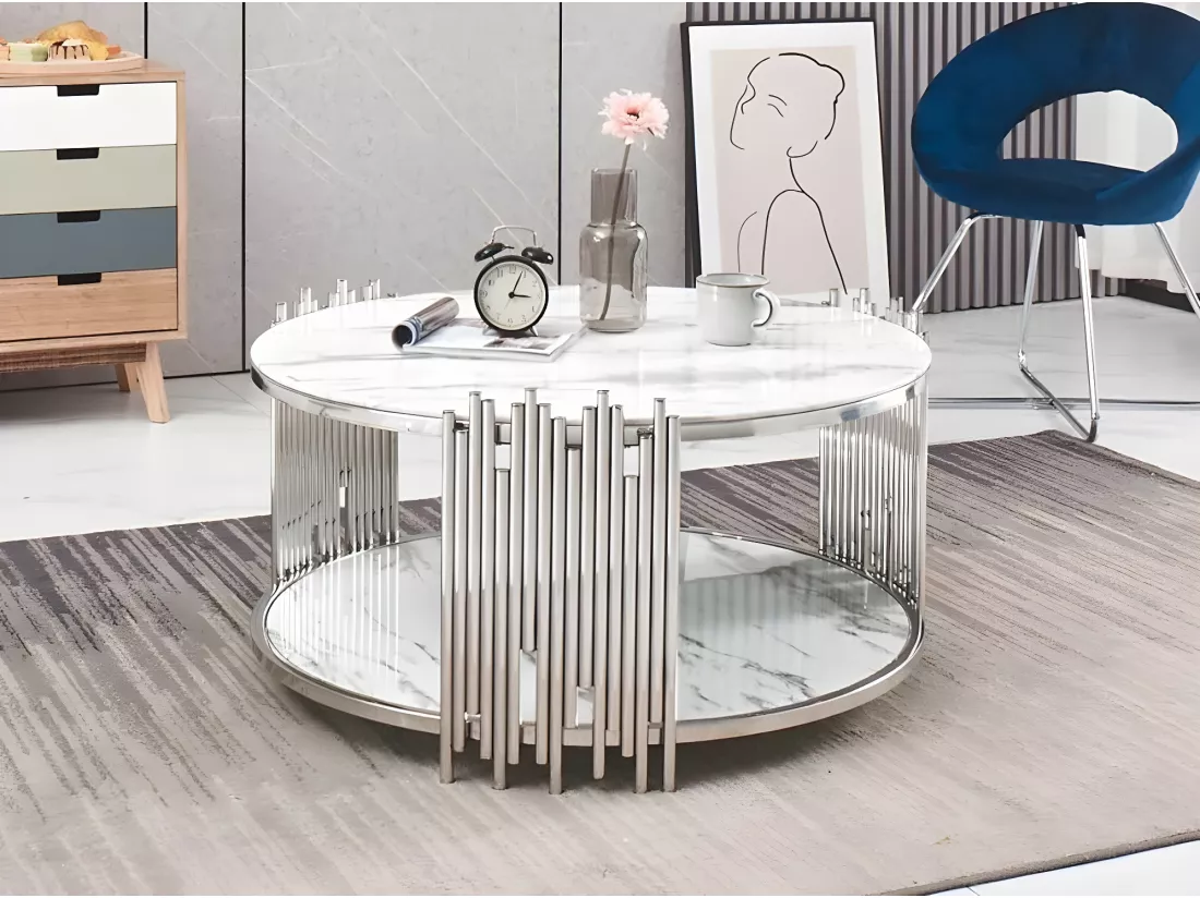 Table basse ronde stick chrome verre effet marbre blanc d90 h45 cm