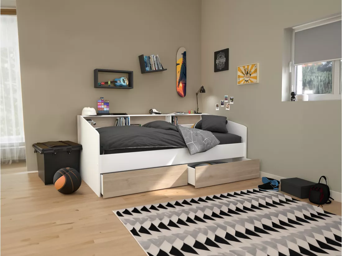 Lit 90 x 190/200 cm avec rangements - Blanc et naturel + Sommier + Matelas - PAULETTE