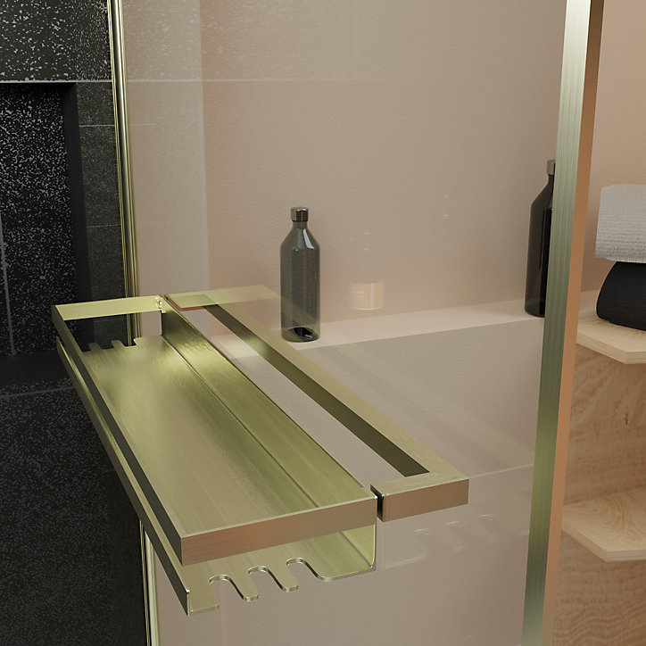 Pare-baignoire rabattable 130 x 75 cm, profilés alu doré brossé, porte-serviette/étagère, Galedo Golden Edge