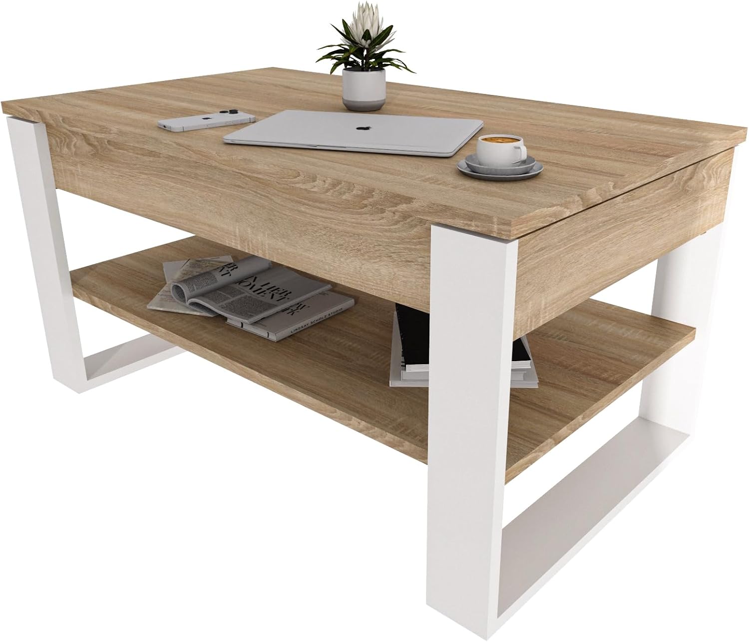 Couchtisch mit anhebbarer Platte | Höhenverstellbarer Wohnzimmertisch mit Stauraum | Sofatisch Eiche Sonoma Weiß modern mit Ablage & verstecktem Fach – Coffee Table für Wohnzimmer & Büro