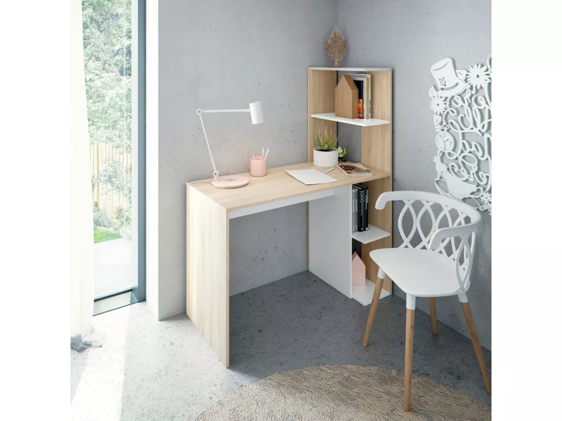 Dlup Desk, Bureau linéaire avec bibliothèque, Table de bureau polyvalente peu encombrante, 110x52h136 cm, Blanc et Chêne