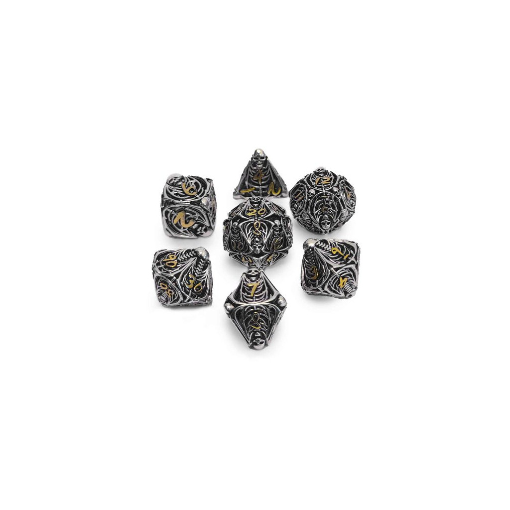 Set de 7 Dés JDR Répliquant : Hollow Nécromancien Acier et Jaune