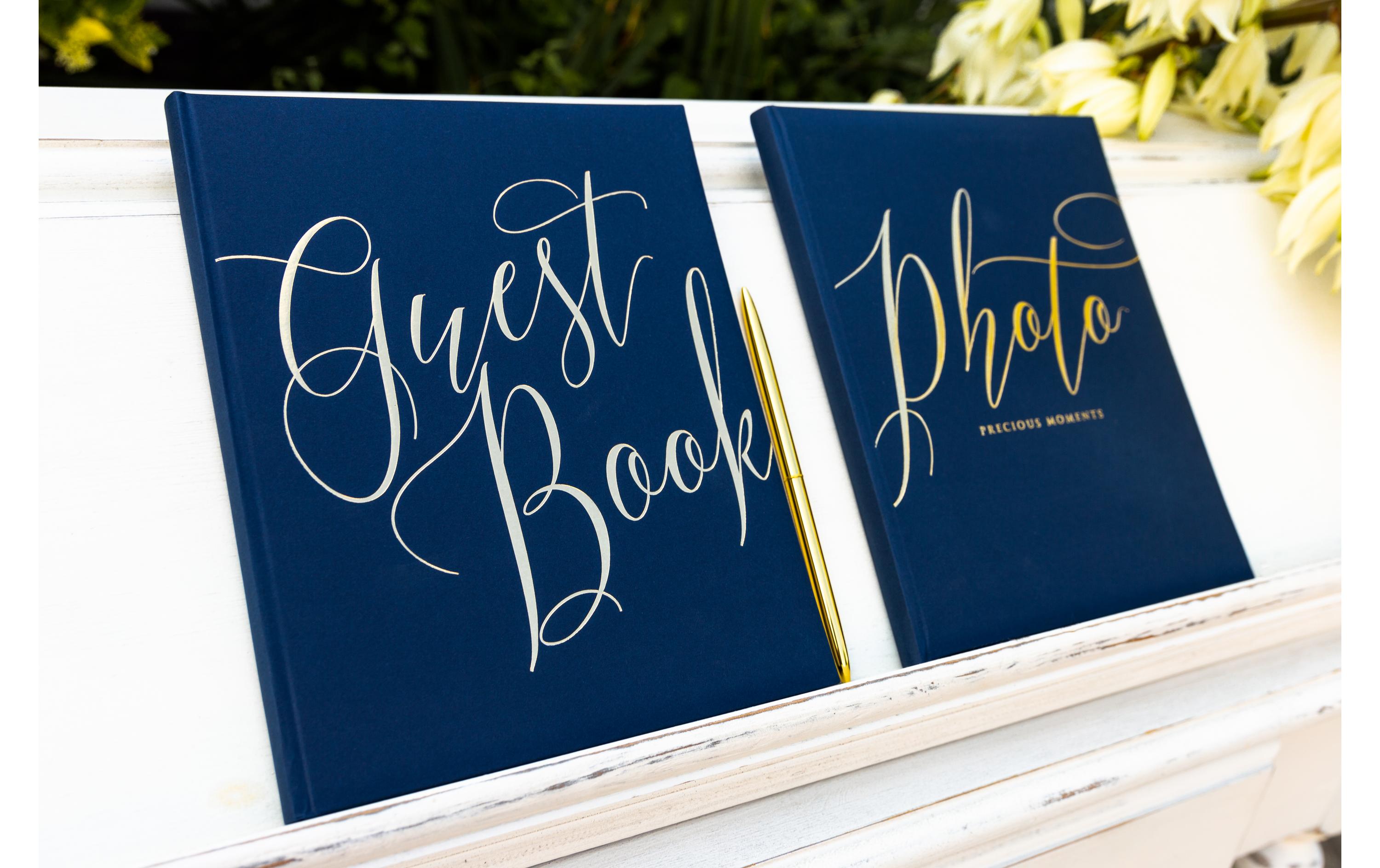 Gästebuch Guest Book 20 x 24.5 cm, Blau/GoldGuest book als Erinnerung an die Hochzeit, den Geburtstag, die Einweihungsfeier oder die Babyshower