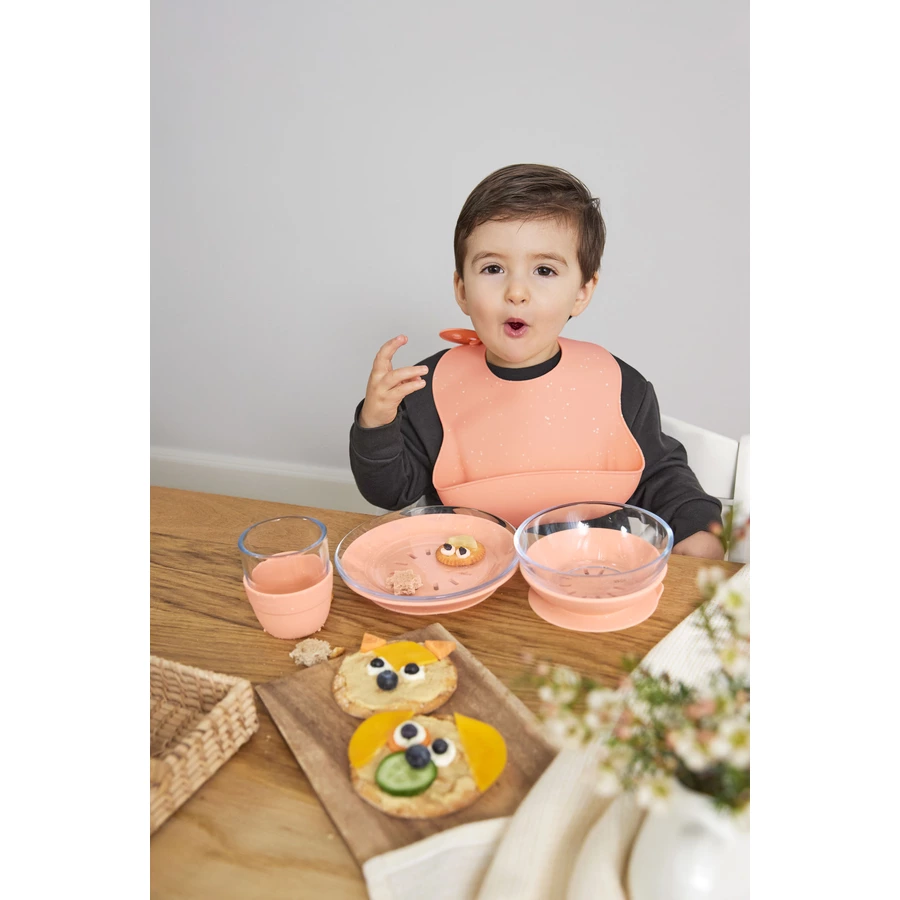 LÄSSIG Esslernset aus Glas und Silikon apricot