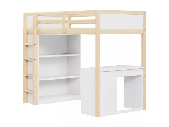 Lit superposé enfant 90 X 200 cm, avec armoire de rangement et bureau d'ordinateur, couleur bois originale
