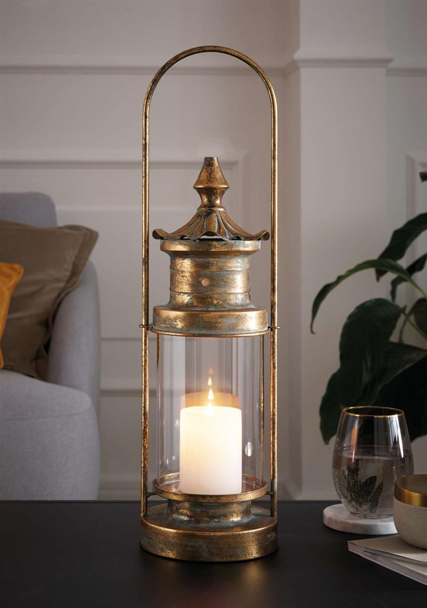 Decoratieve Passielantaarn Goud van metaal & glas, 54 cm hoog, met antieke patina, windlicht, hanglantaarn, kaarsenhouder, tuinlantaarn