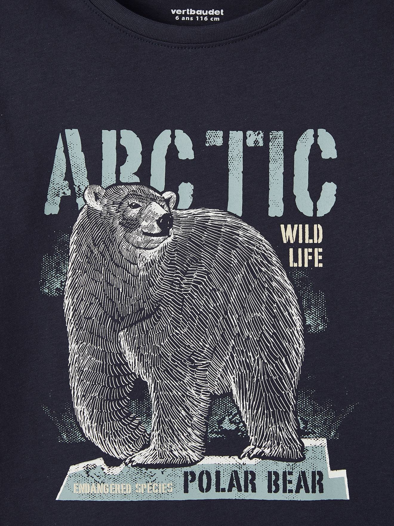 Camiseta com estampa da natureza, 100% algodão orgânico, azul médio liso para meninos.