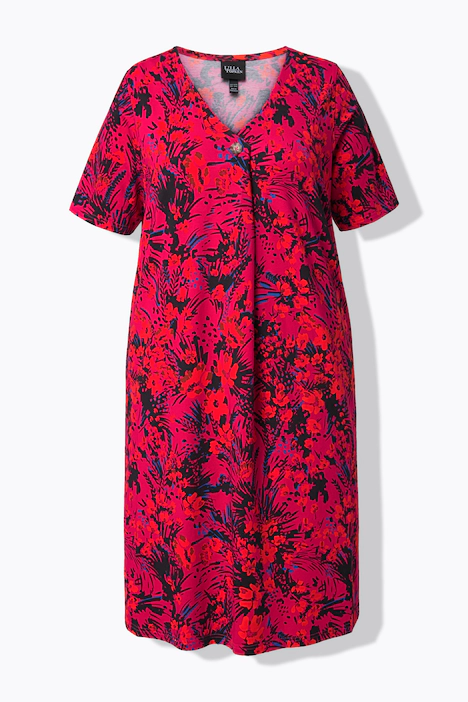 Jersey-Midikleid, A-Linie, V-Ausschnitt, Halbarm, magnolienrot