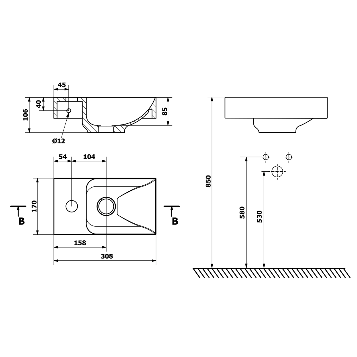 Sapho Piccolino fontein beton kraangat links 31x17cm donkerbruin