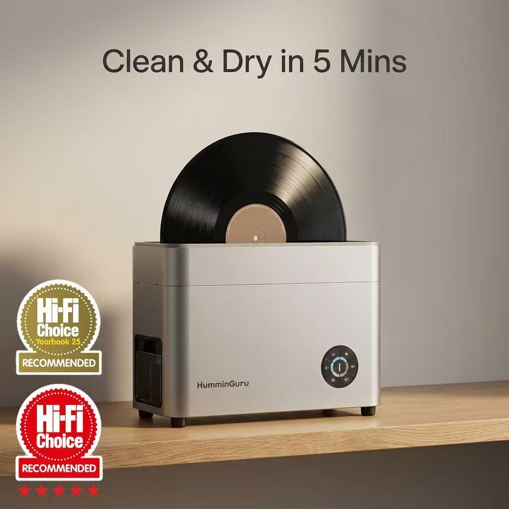 HumminGuru Ultraschall-Schallplattenreiniger – 40-kHz-Ultraschall-Schallplatten-Reinigungsgerät mit Automatischer Trocknung, Schallplatten Reinigungsset mit Wasserfilter(NOVA White Sand, 7/10/12 Zoll)