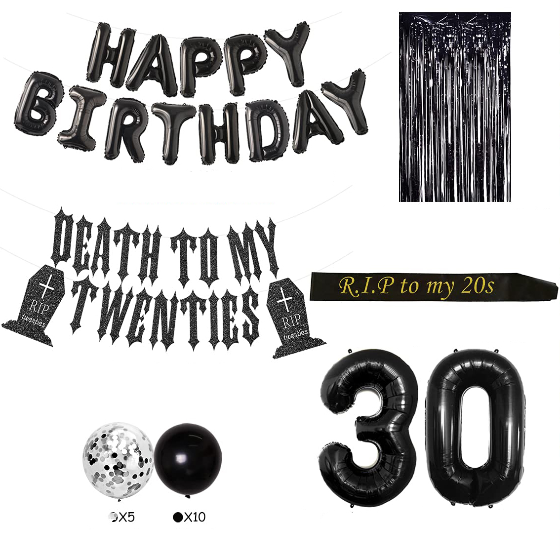 (21-tlg. Set) Happy Birthday Girlande R.I.P Twenties 30. Geburtstag Party Deko Grusel Grabstein Latex- und Folienballons / Lametta Vorhang - Schwarz