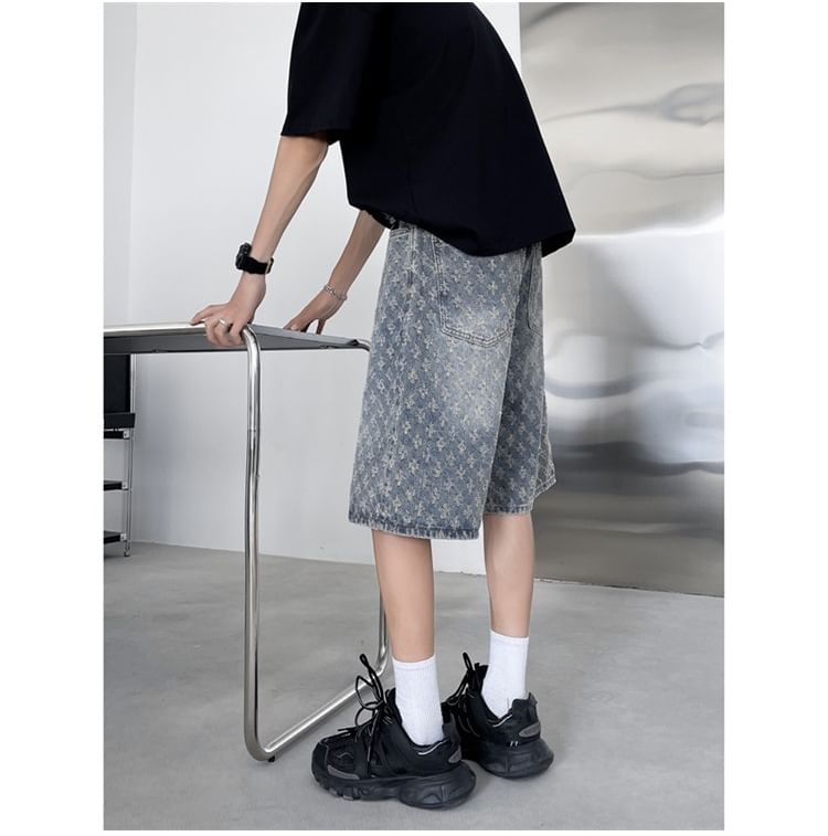 Hushgrain - Mid Rise Jacquard Washed Wide Leg Denim Shorts
