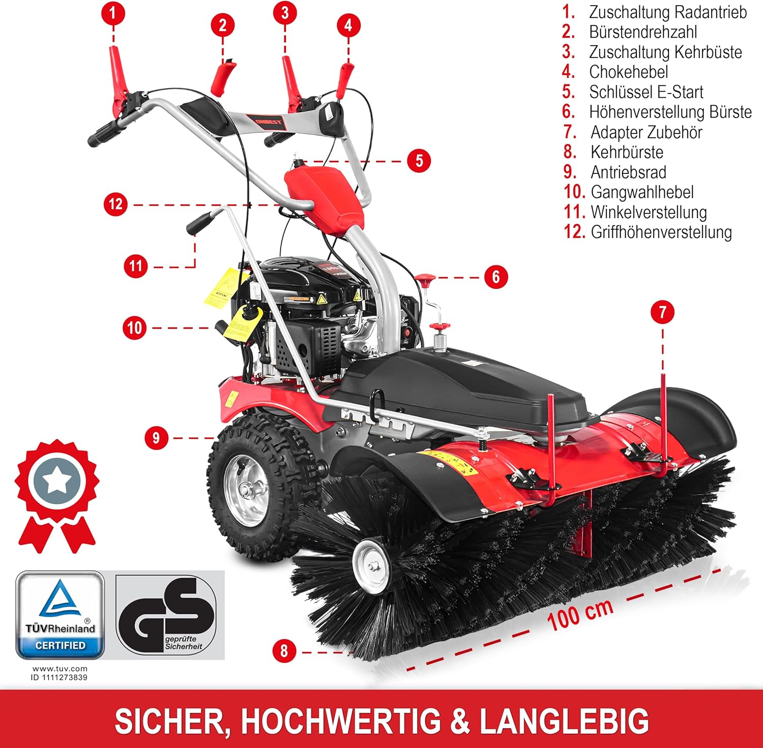 Kehrmaschine Benzin – TÜV Rheinland geprüft – GS-Zertifikat – 100 cm Kehrbürste – 196 cm3 Motor – inkl. Auffangbox Schneeschild – Maschine für große außen Flächen zum Schmutz & Schneeräumen