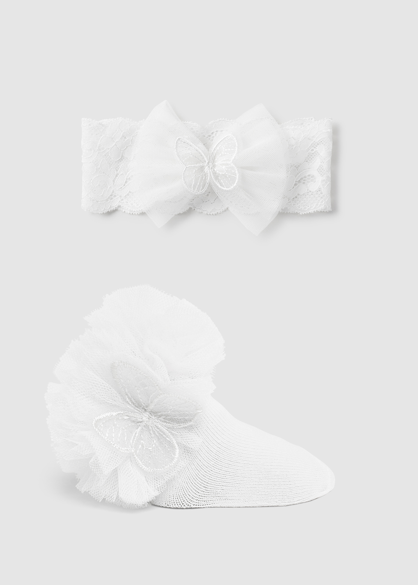 Conjunto de meias e faixa de cabelo com laço para recém-nascido em algodão orgânico - Cru