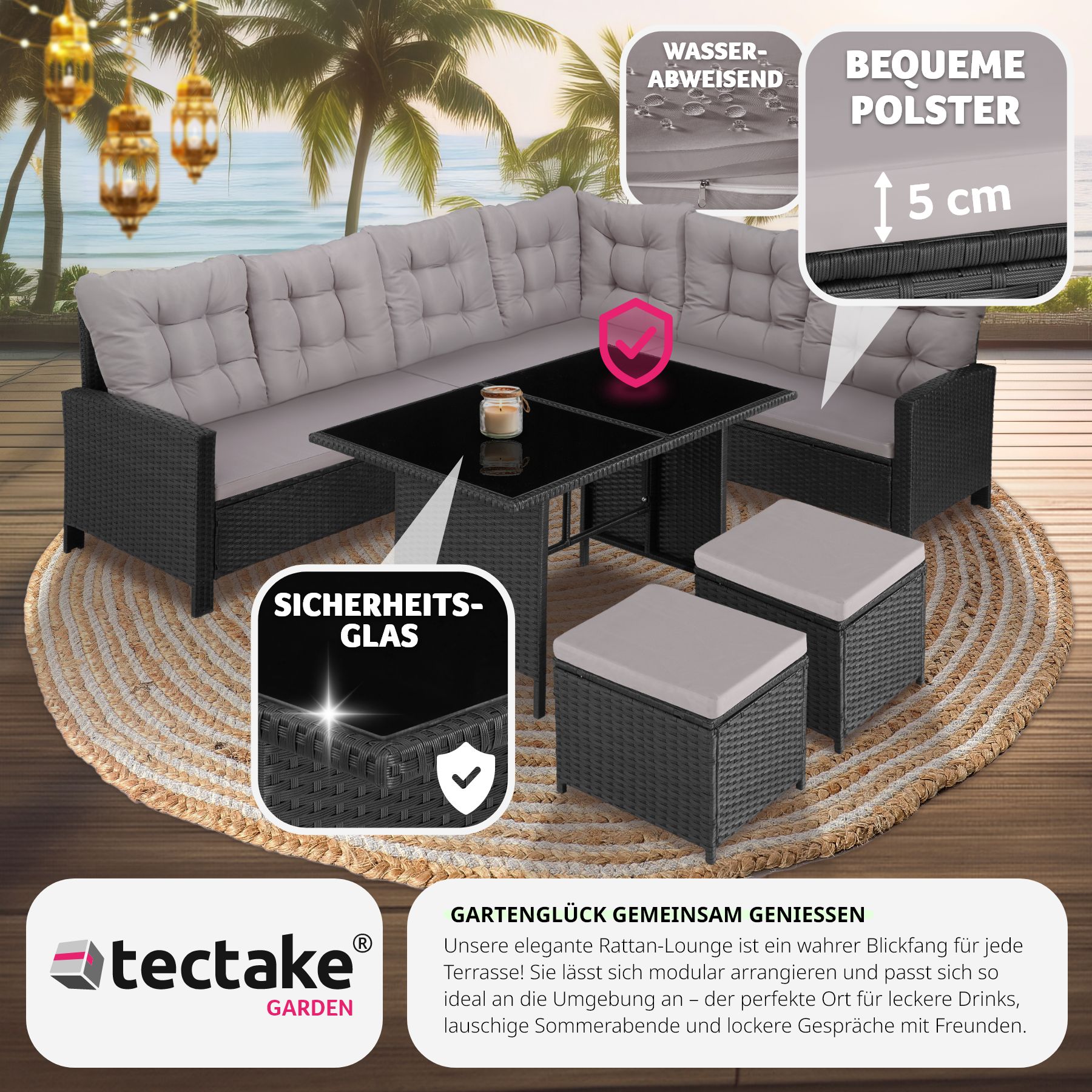 tectake® Rattan Lounge, für 6 bis 8 Personen, UV-beständig, mit Sicherheitsglasplatten