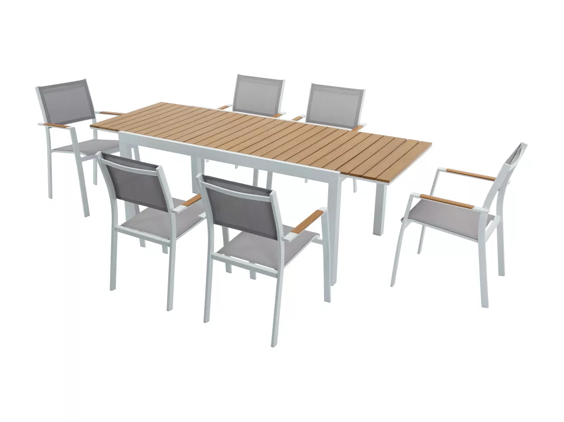 Salle à manger de jardin en aluminium et polywood : une table extensible L.170/230 cm et 6 fauteuils empilables - Naturel clair et gris - MACILA de MYLIA