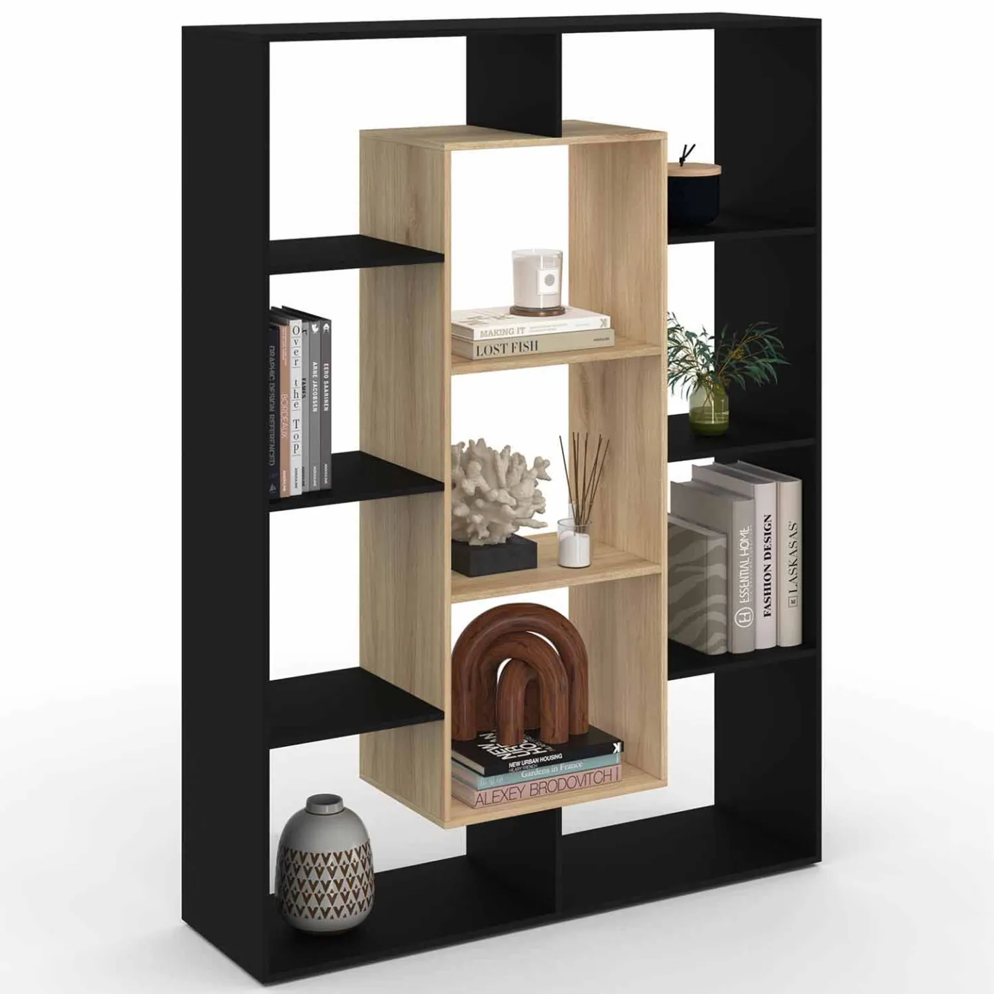 Etagère bibliothèque COLETTE avec 11 compartiments noir et effet bois H.143 cm