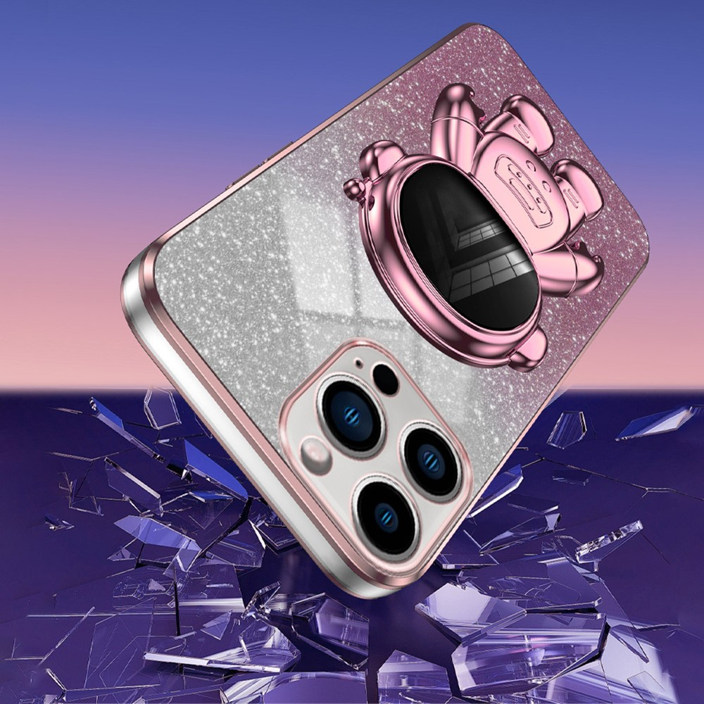 iPhone 15 Pro Hybrid Hardcase Glitzer Hülle   Astronauten Kickstand Aufsteller   Kameraschutz - Rosa / Silber