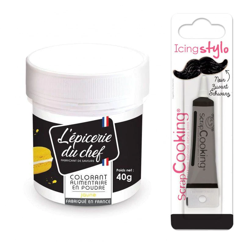 Colorant alimentaire en poudre jaune 40 g + Stylo glaçage noir Scrapco