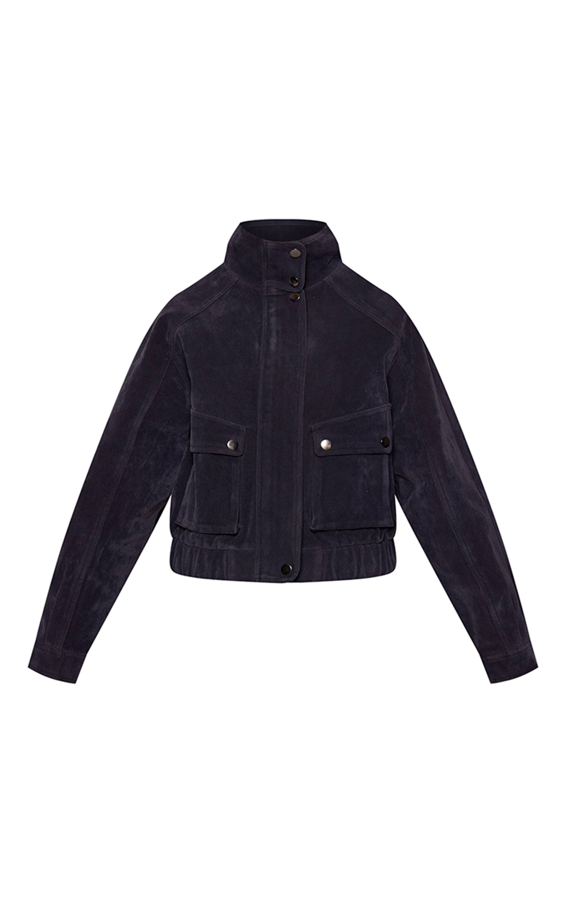 Bleu Marine Blouson Aviateur Court En Synthétique Col Montant Avec Poches Utilitaires