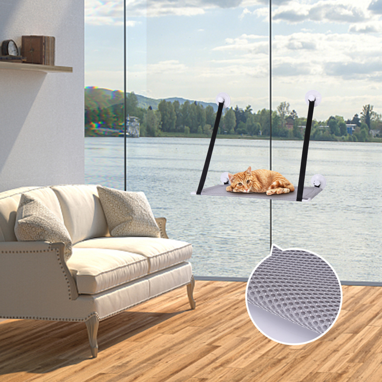 Rede de janela para gatos Nobleza All-Season, cama suspensa para gatos com cobertor macio e almofadas de verão, ideal para cochilos e banhos de sol, suporta até 20 kg.