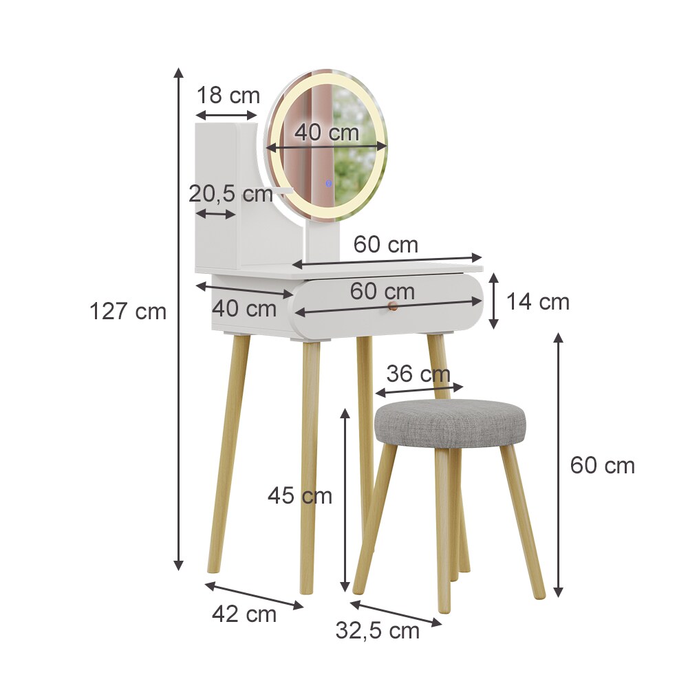 Vicco Schminktisch Edda LED-Spiegel Hocker 60 x 76 cm Weiß Frisiertisch modern