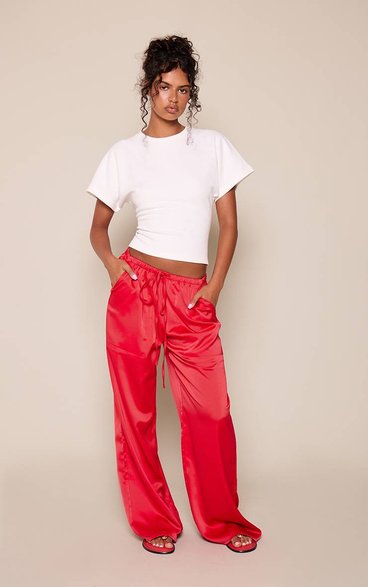 Rouge Pantalon En Satin Taille Basse Avec Cordon De Serrage