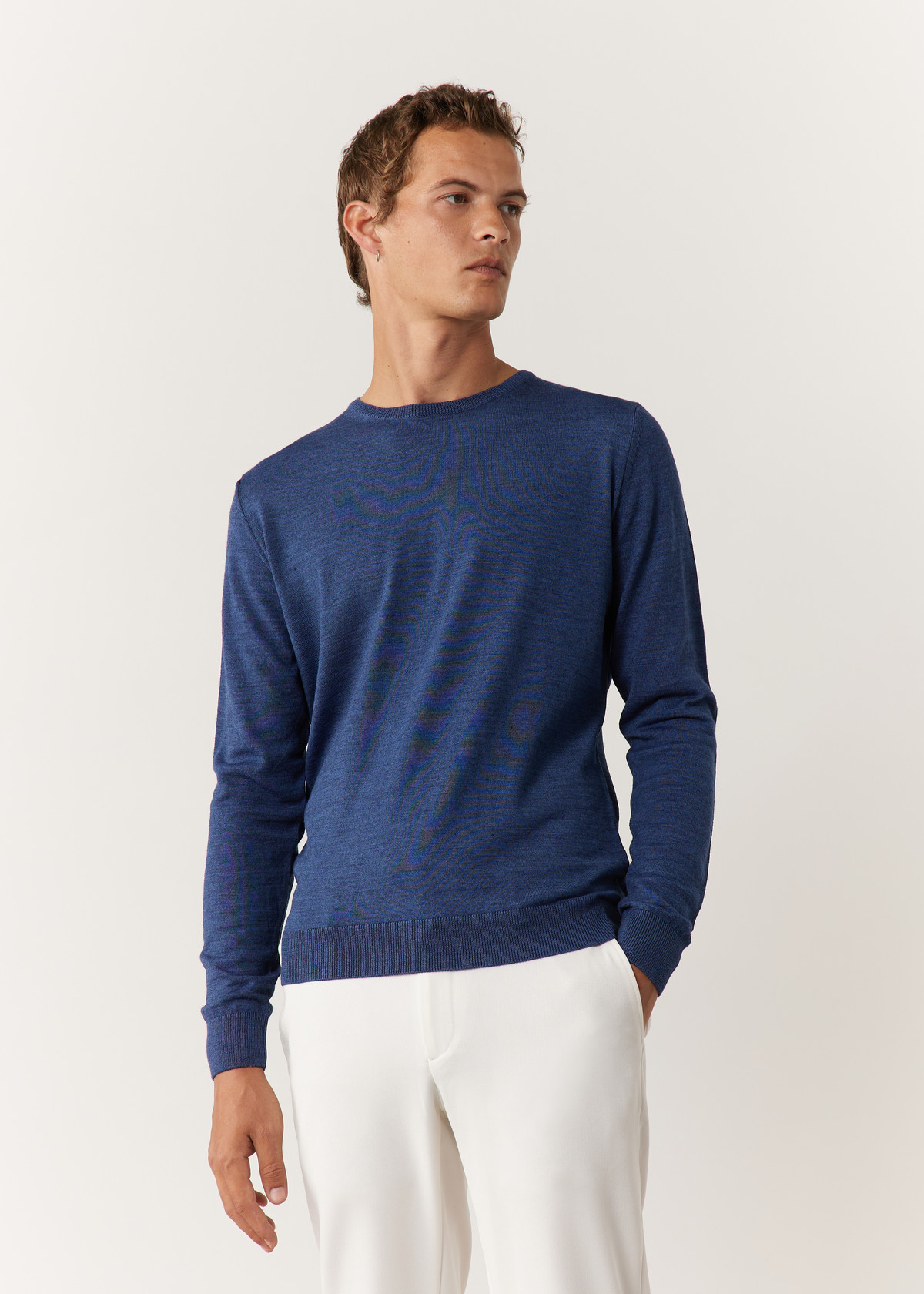 Pull col rond en laine Mérinos mélangée unie bleu chambray