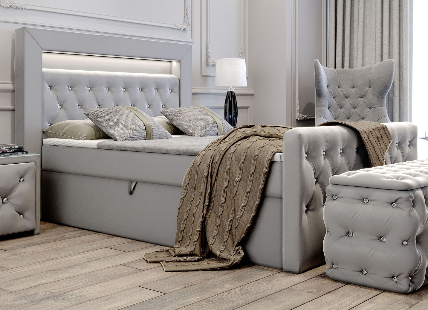 Boxspringbett mit LED-Beleuchtung und Topper