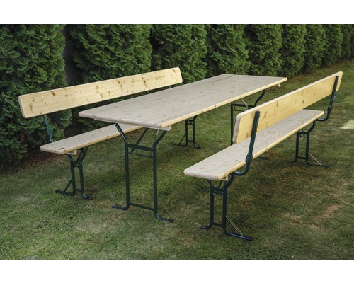 Biertentset met rugleuning, 3-delige set: tafel 220 x 70 cm, banken 220 x 25 cm, sparrenhout, groen/naturel