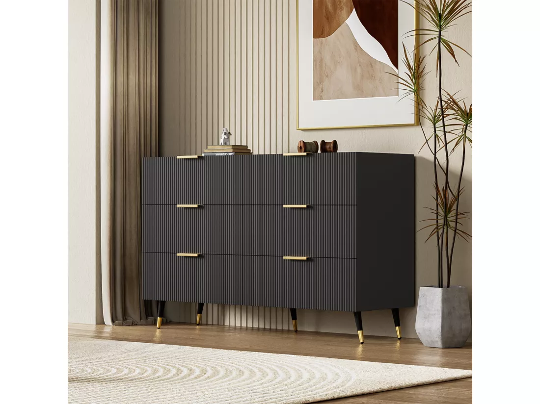 Commode avec 6 tiroirs - 120 x 40 x 77 cm - Panneaux de particules - pour salon, chambre - Couleur noir