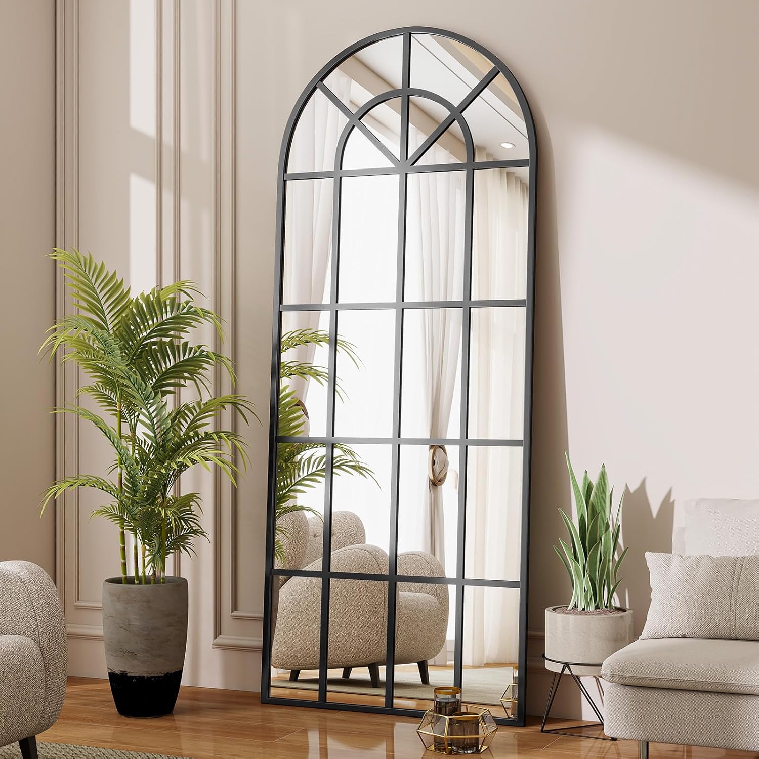 Koonmi 60x164 cm Fensterscheibe Gewölbter Ganzkörperspiegel - Raster-Designed Dekorative Vollkörper Wandspiegel mit Metallrahmen hängend Schrägung für den Eingang, Wohnzimmer Dekoration, Schwarz
