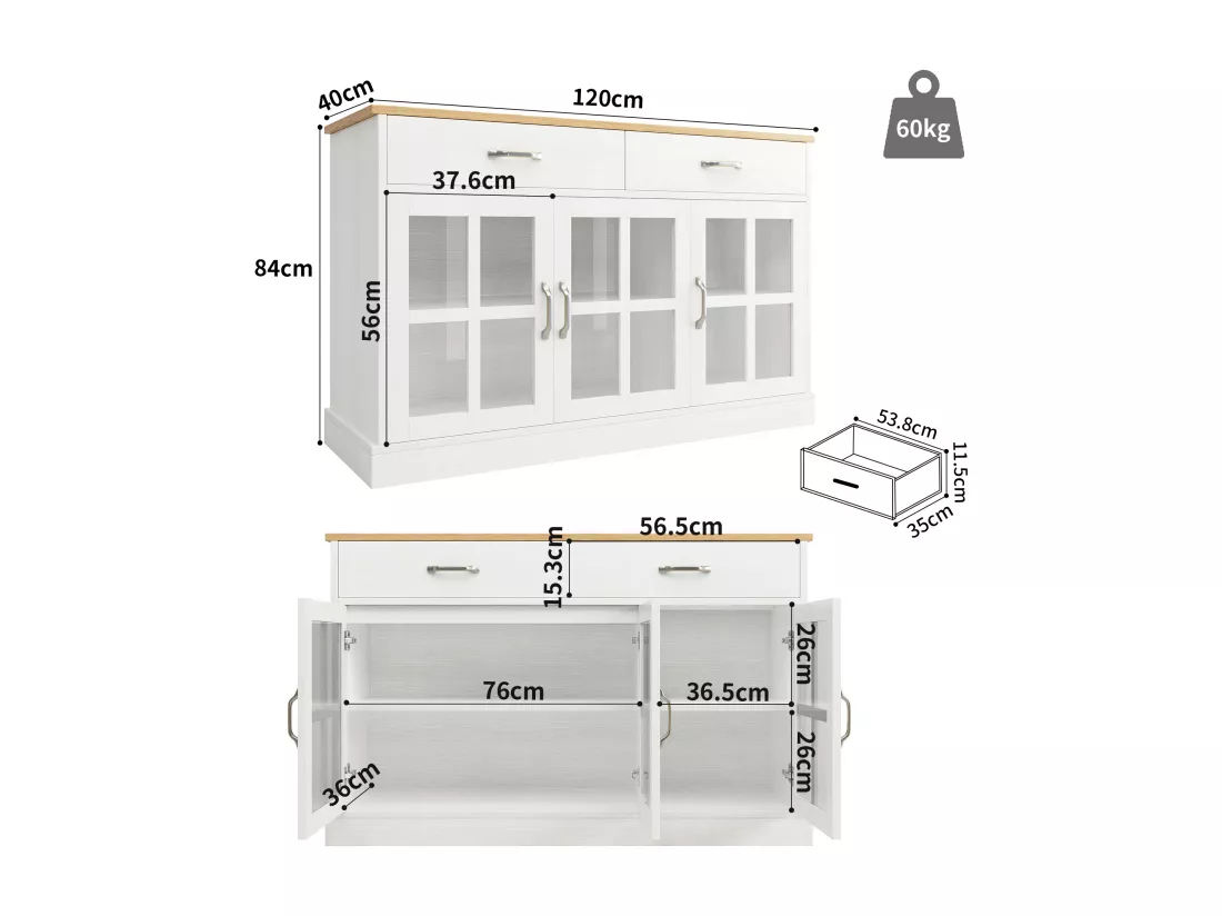 Buffet de cuisine avec 2 tiroirs et 3 portes en verre - 120 x 40 x 84 cm - Bois MDF - Blanc + naturel