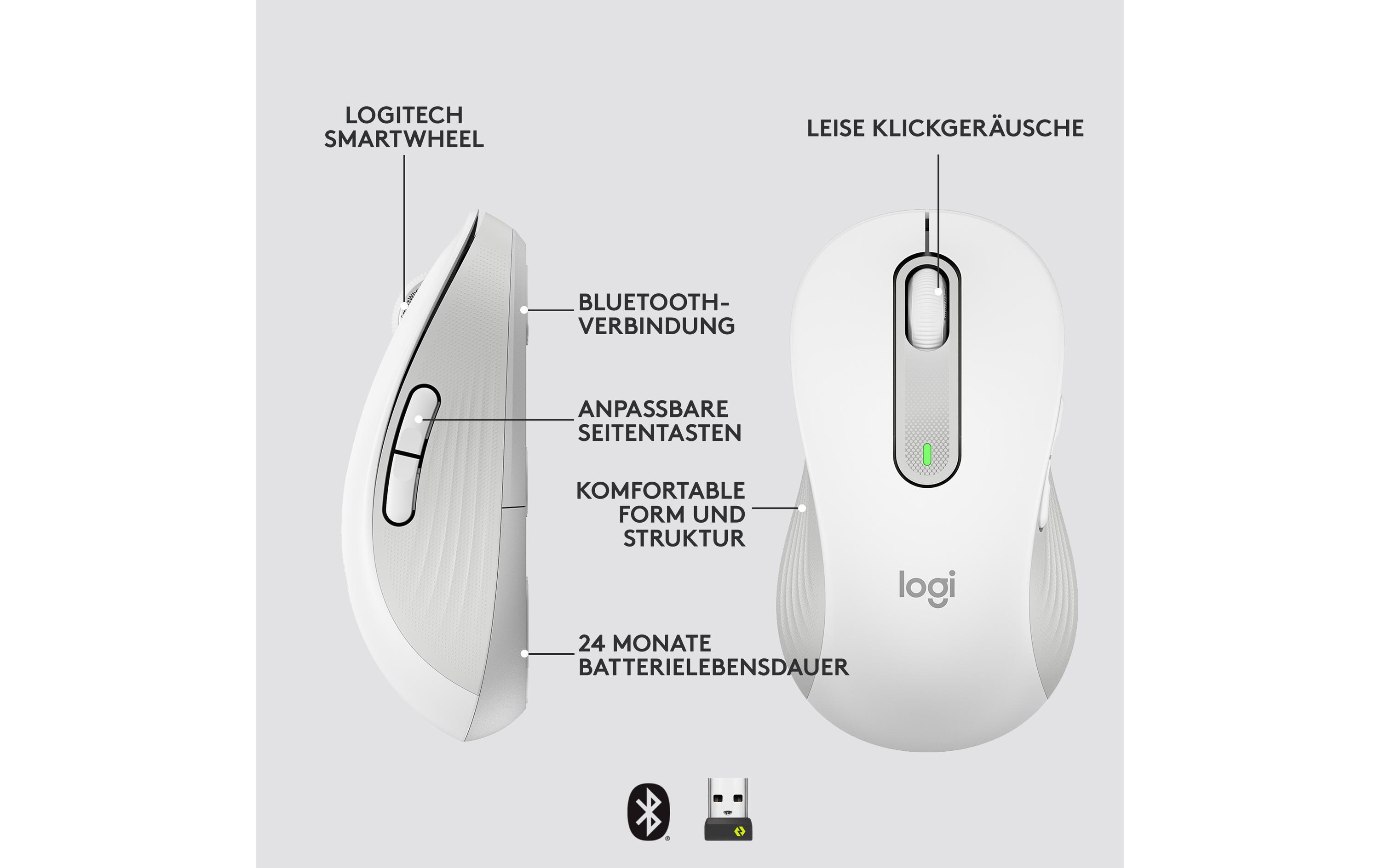Maus Signature M650 L left WeissPräzise Wireless-Maus mit «Logitech SilentTouch»-Technologie