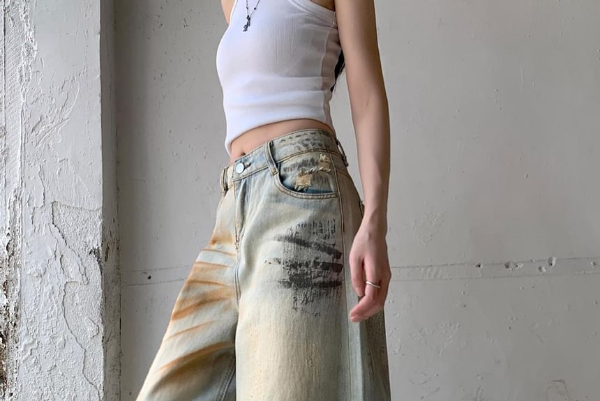 Coline - Mid Waist Washed Distressed Wide Leg Jeans