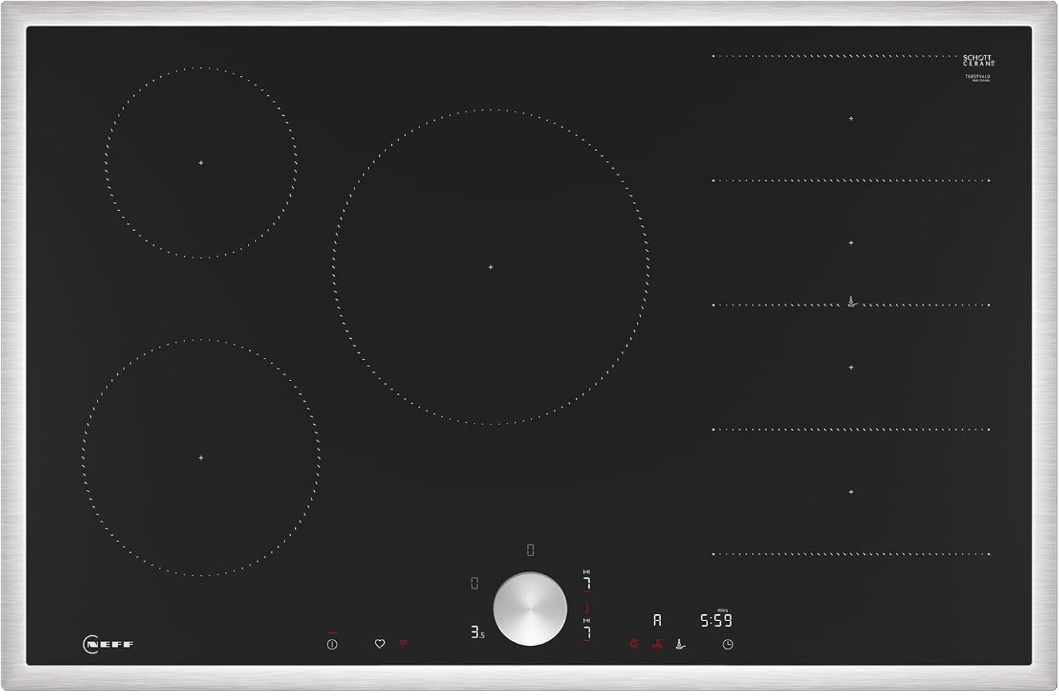 NEFF T68STV4L0, N 90, Induktionskochfeld, autarkes Glaskeramik-Kochfeld 80 cm breit, Twist Pad, Flex Induction, Home Connect, Smart Hood Automatic, aufliegend, Schwarz